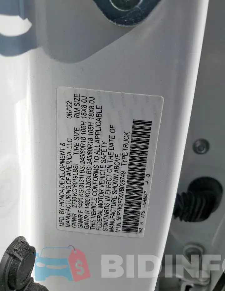 5FPYK3F7XNB029749 Photo# 13