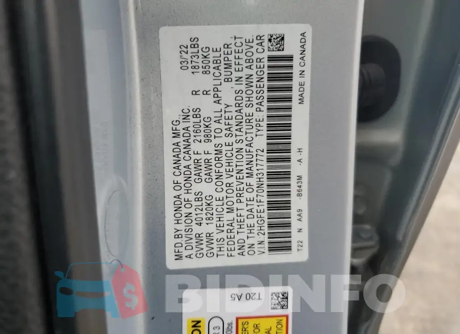 2HGFE1F70NH317772 Photo# 12