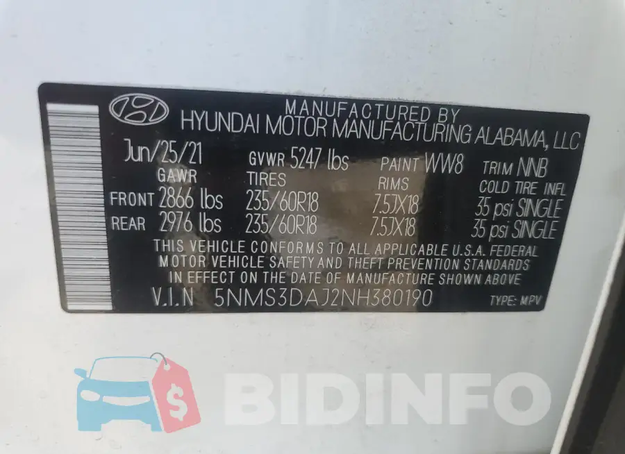 5NMS3DAJ2NH380190 Photo# 13