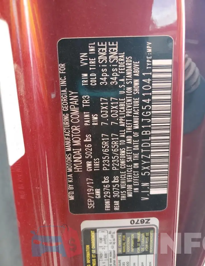 5XYZTDLB1JG541041 Photo# 14