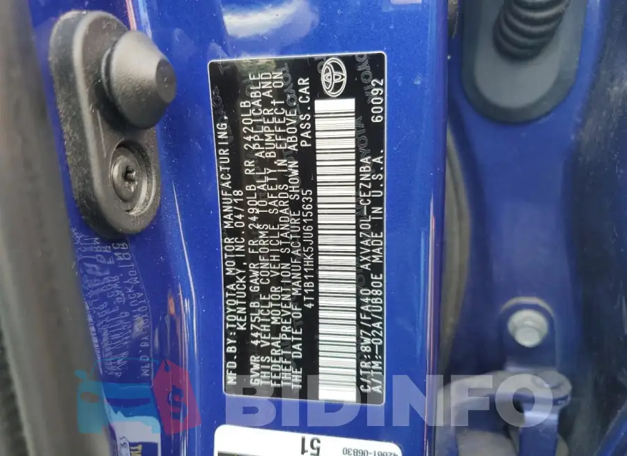 4T1B11HK5JU615635 Photo# 12