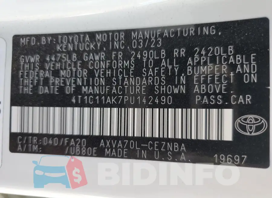 4T1C11AK7PU142490 Photo# 12