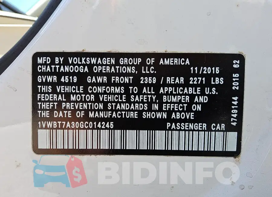 1VWBT7A30GC014245 Photo# 12
