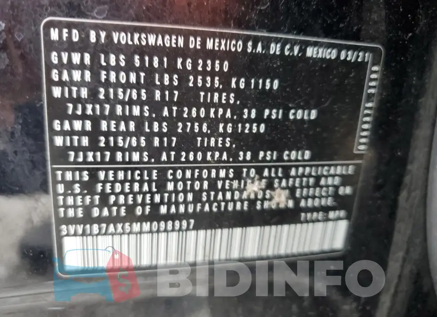 3VV1B7AX5MM098997 Photo# 13