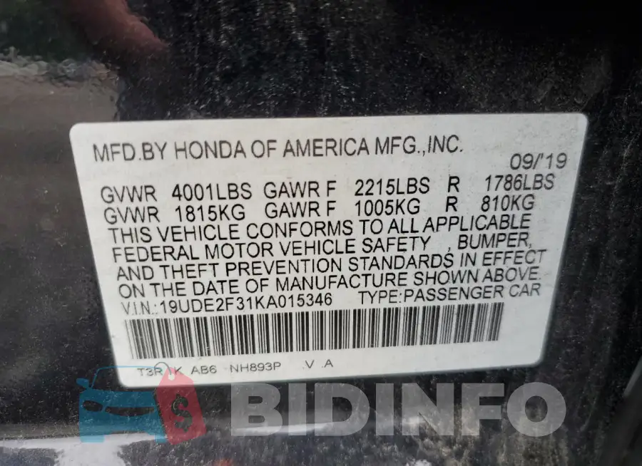 19UDE2F31KA015346 Photo# 12