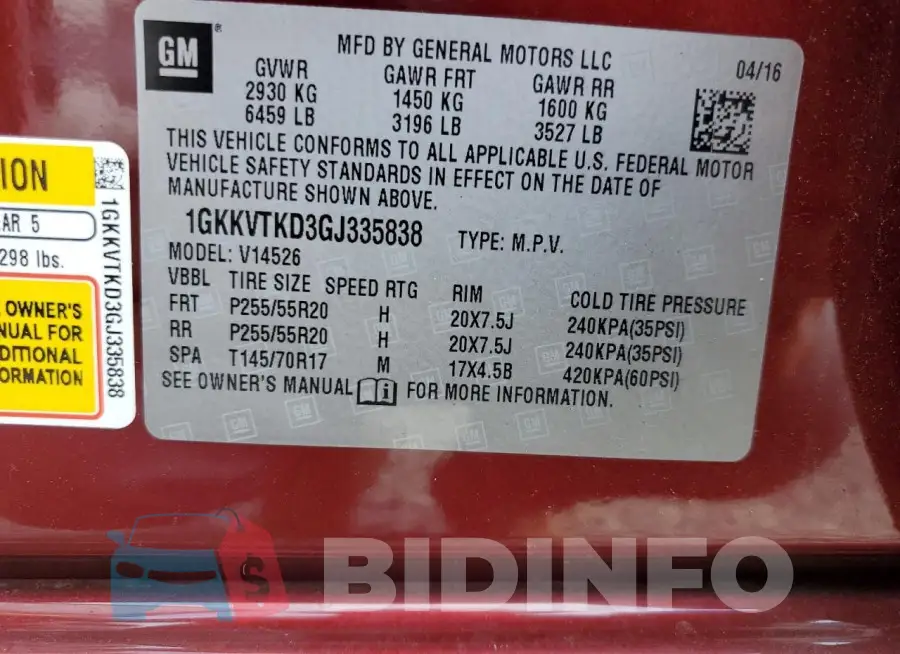 1GKKVTKD3GJ335838 Photo# 14