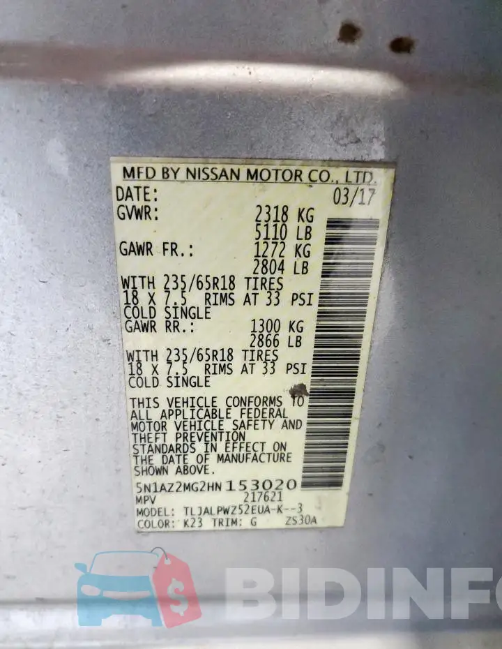 5N1AZ2MG2HN153020 Photo# 12