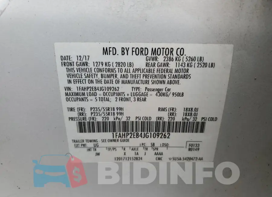 1FAHP2E84JG109262 Photo# 12