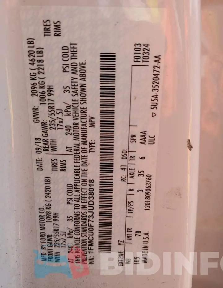 1FMCU0F73JUD38018 Photo# 13