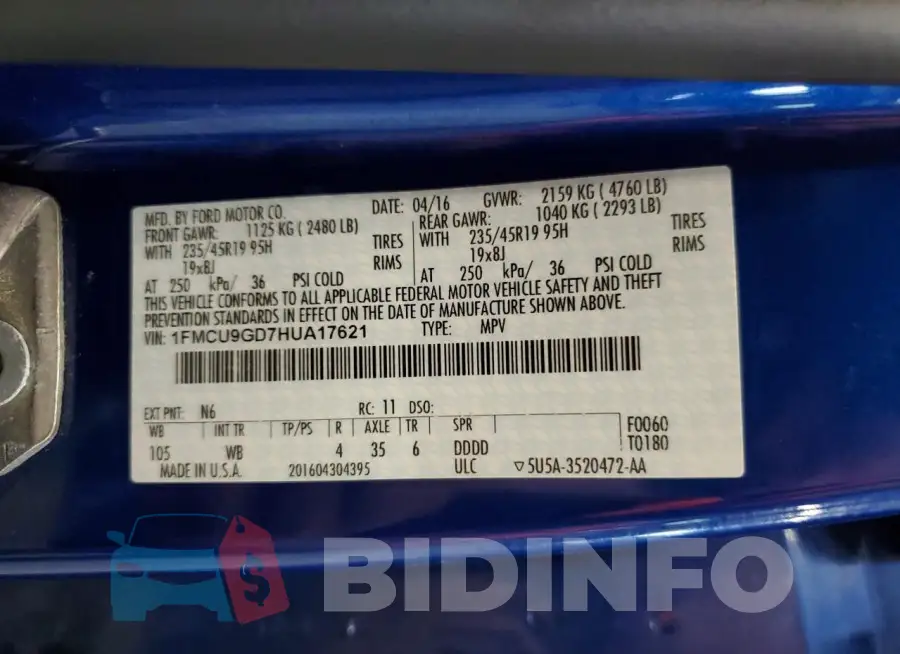 1FMCU9GD7HUA17621 Photo# 13