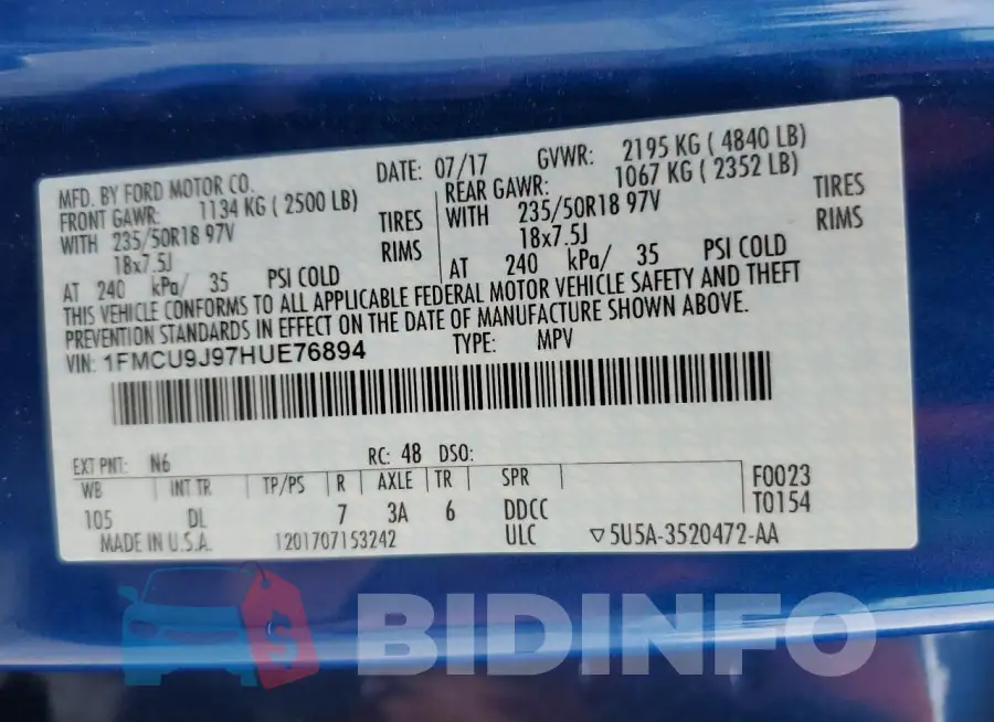 1FMCU9J97HUE76894 Photo# 13