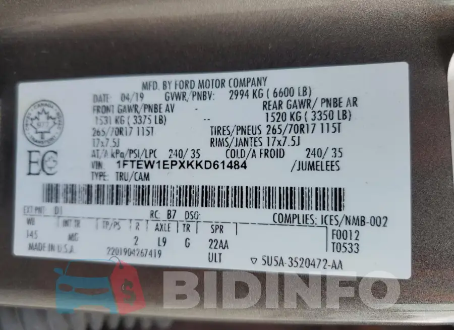 1FTEW1EPXKKD61484 Photo# 12