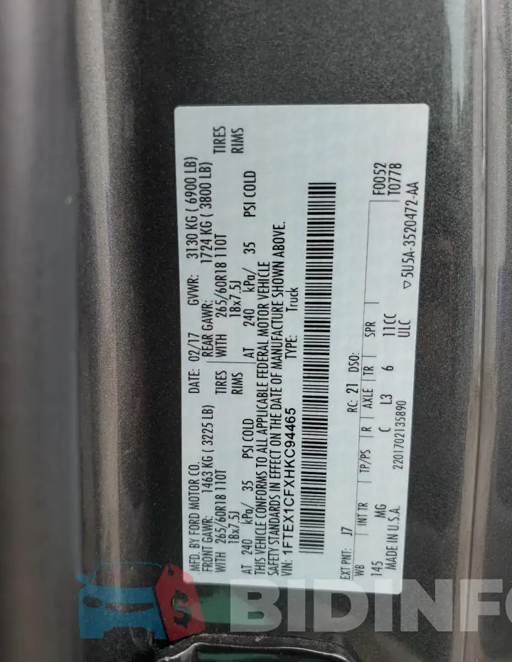 1FTEX1CFXHKC94465 Photo# 12