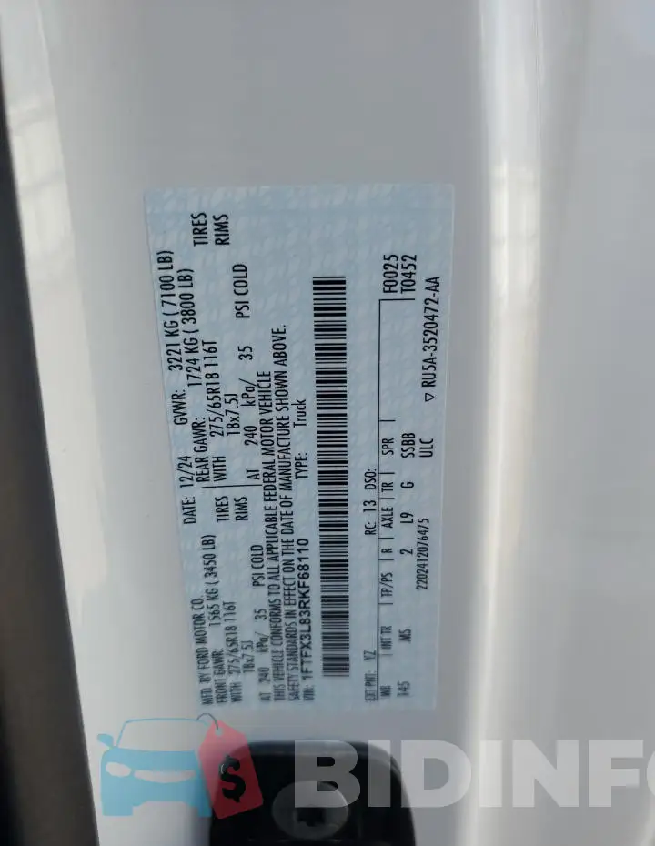 1FTFX3L83RKF68110 Photo# 13