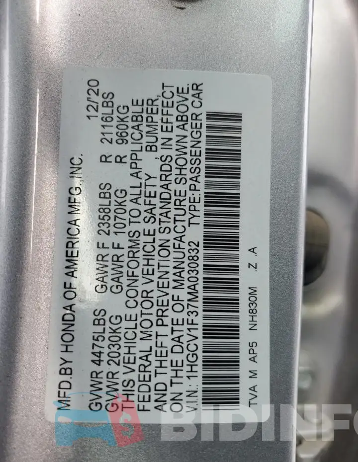 1HGCV1F37MA030832 Photo# 12
