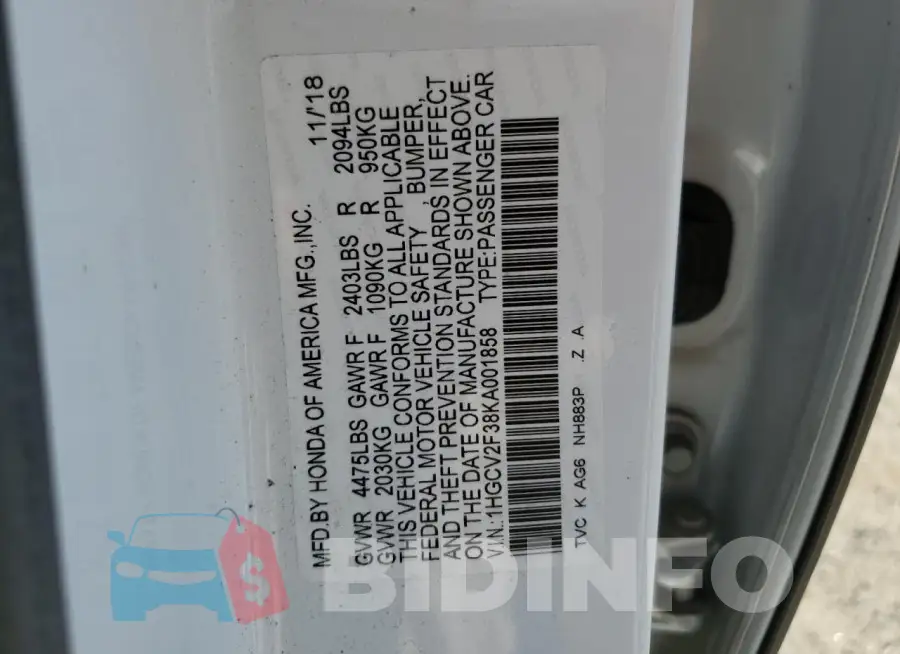 1HGCV2F38KA001858 Photo# 12