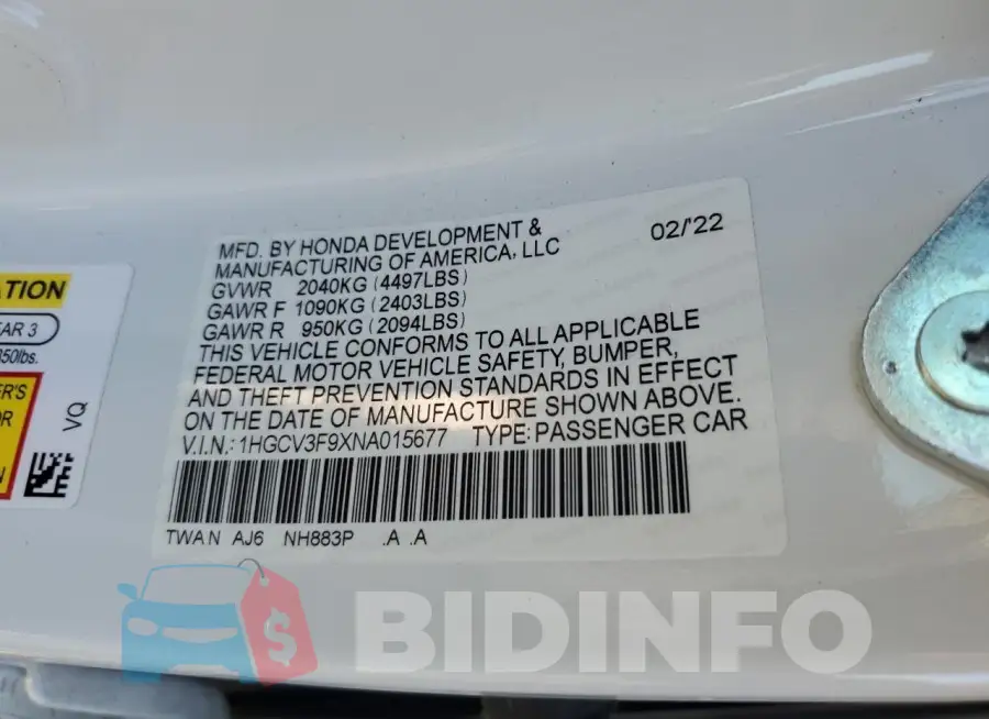 1HGCV3F9XNA015677 Photo# 13