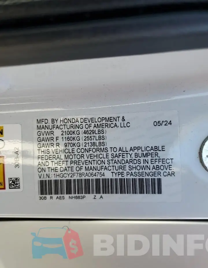1HGCY2F78RA064754 Photo# 13