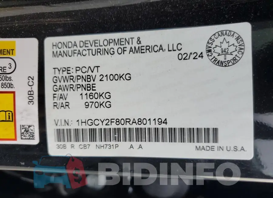1HGCY2F80RA801194 Photo# 12