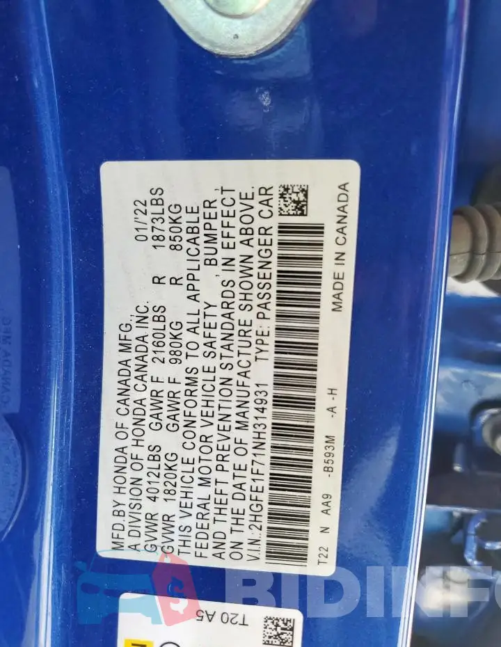 2HGFE1F71NH314931 Photo# 12