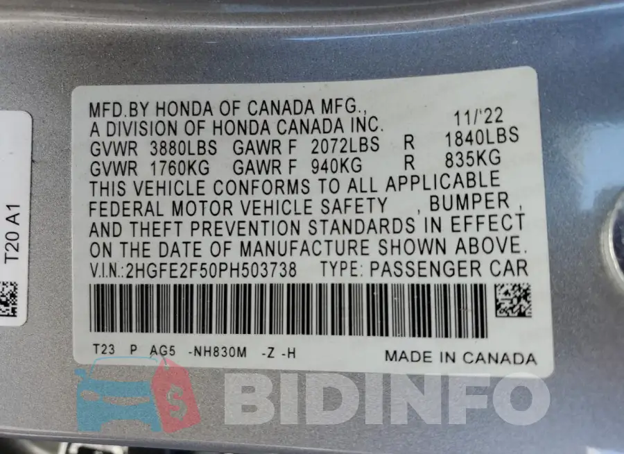 2HGFE2F50PH503738 Photo# 13