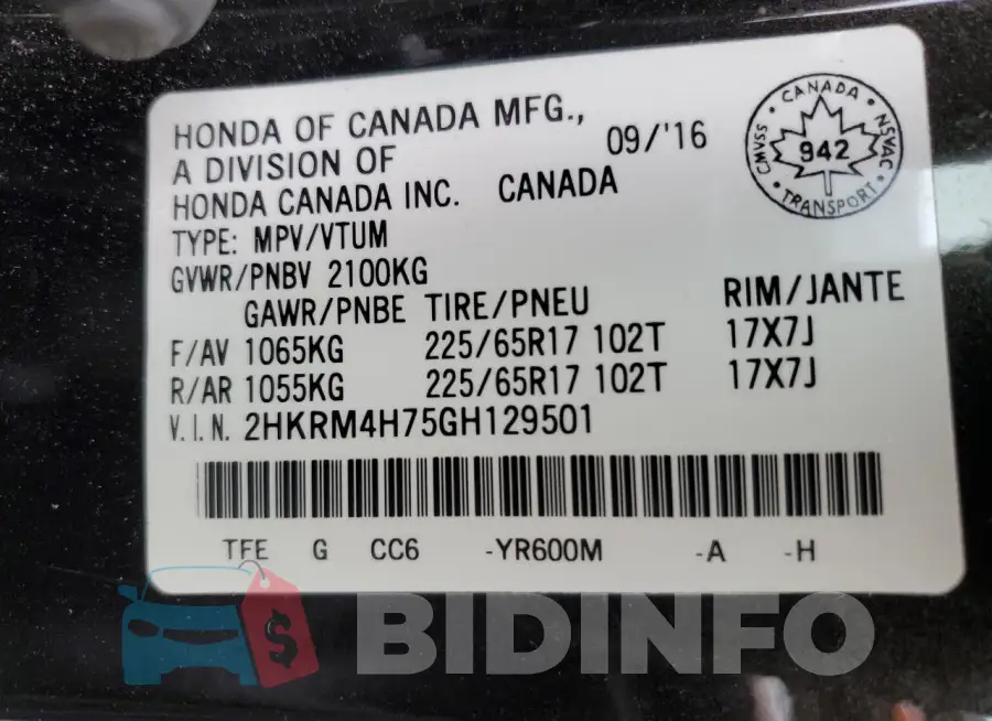 2HKRM4H75GH129501 Photo# 13