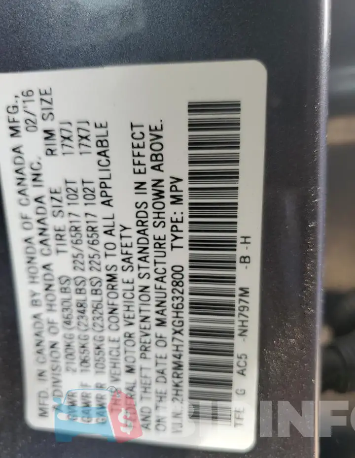 2HKRM4H7XGH632800 Photo# 13