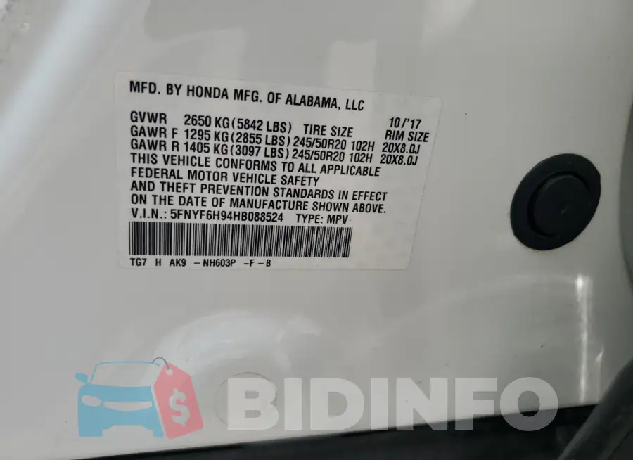 5FNYF6H94HB088524 Photo# 13