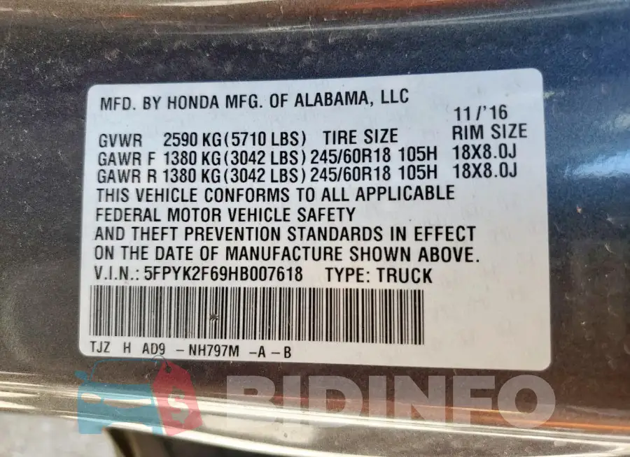 5FPYK2F69HB007618 Photo# 12