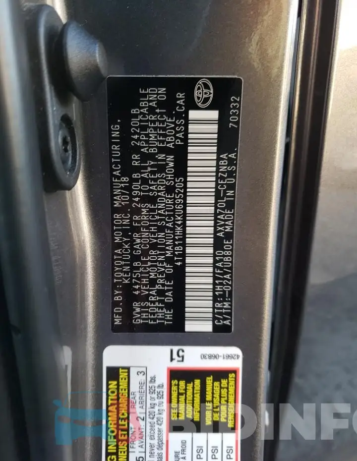4T1B11HK4KU695205 Photo# 12