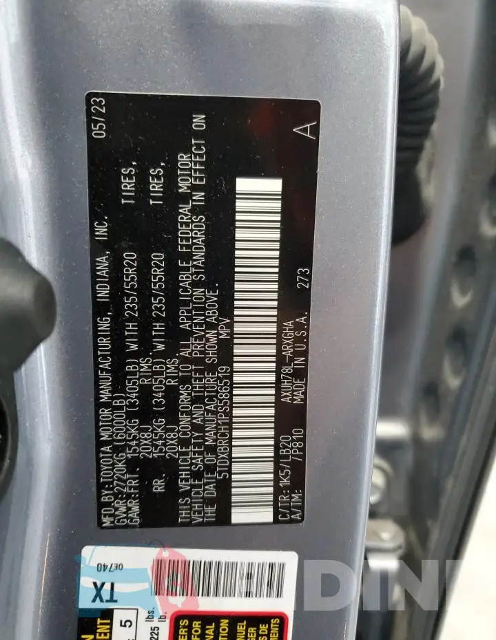 5TDXBRCH1PS586519 Photo# 13