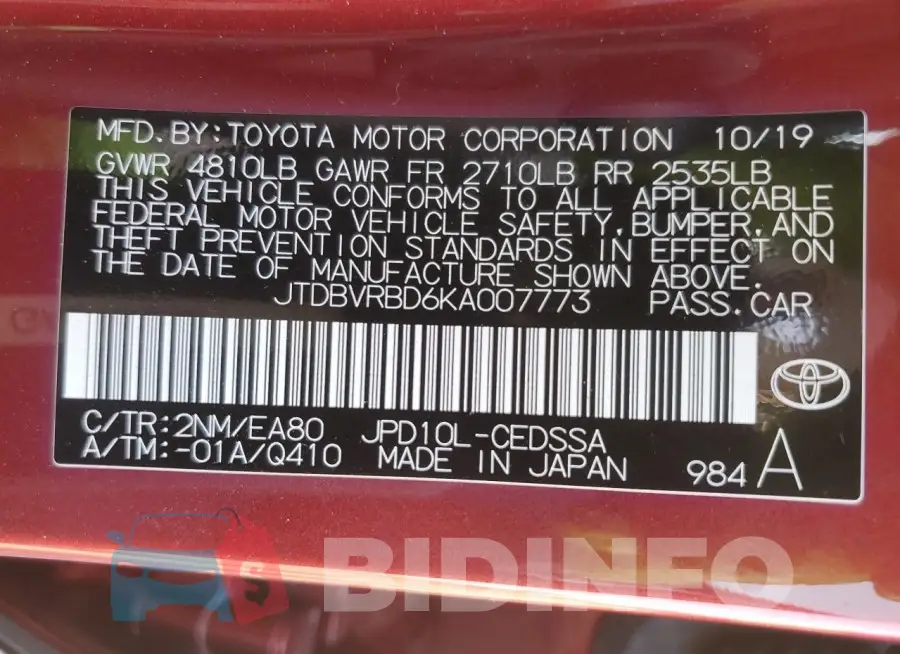 JTDBVRBD6KA007773 Photo# 12