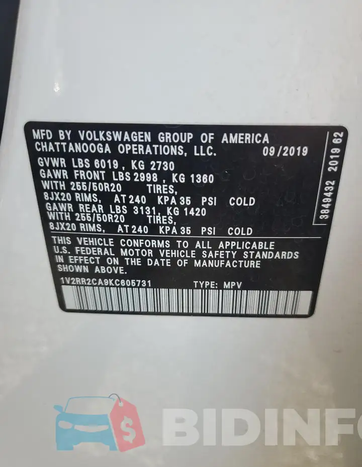 1V2RR2CA9KC605731 Photo# 12
