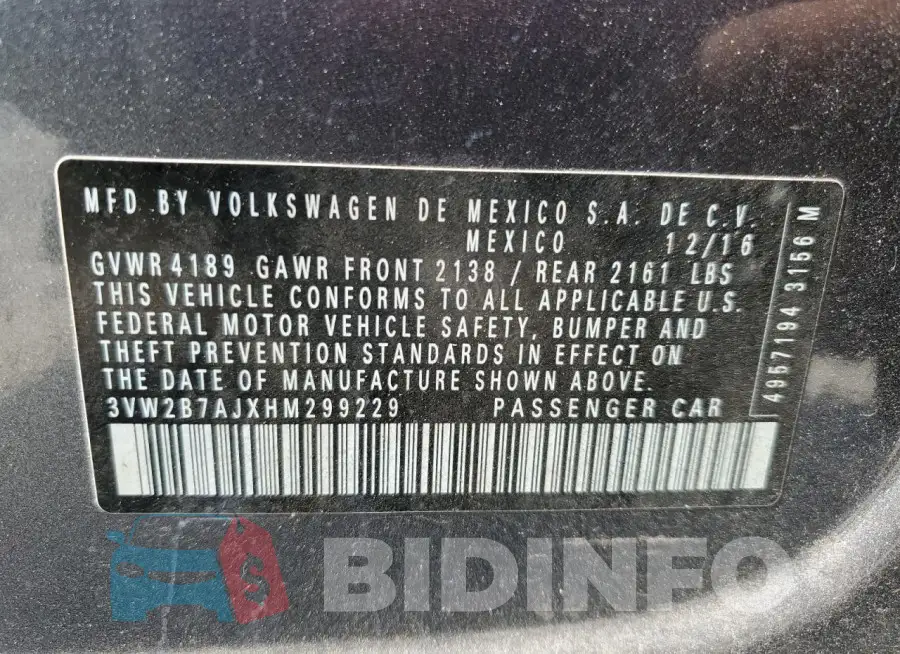 3VW2B7AJXHM299229 Photo# 12