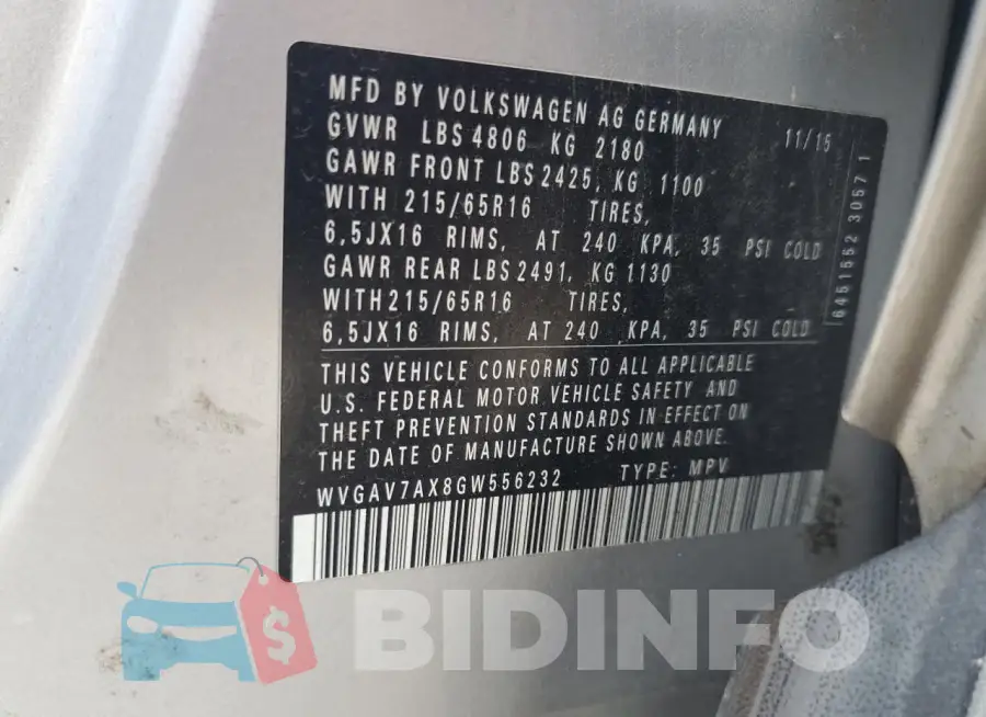 WVGAV7AX8GW556232 Photo# 13