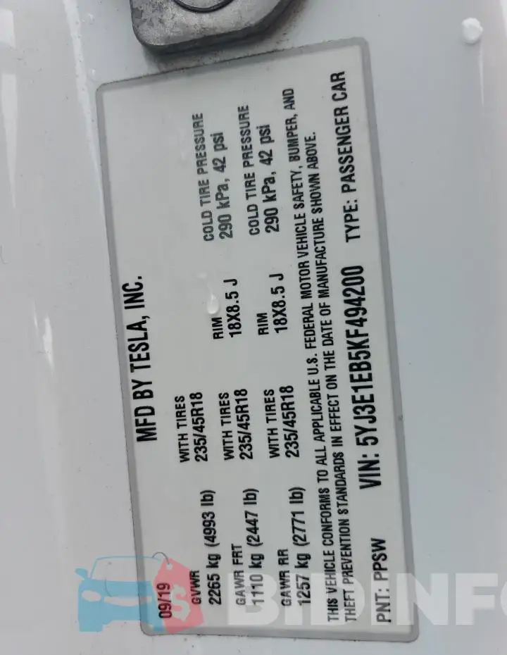5YJ3E1EB5KF494200 Photo# 12
