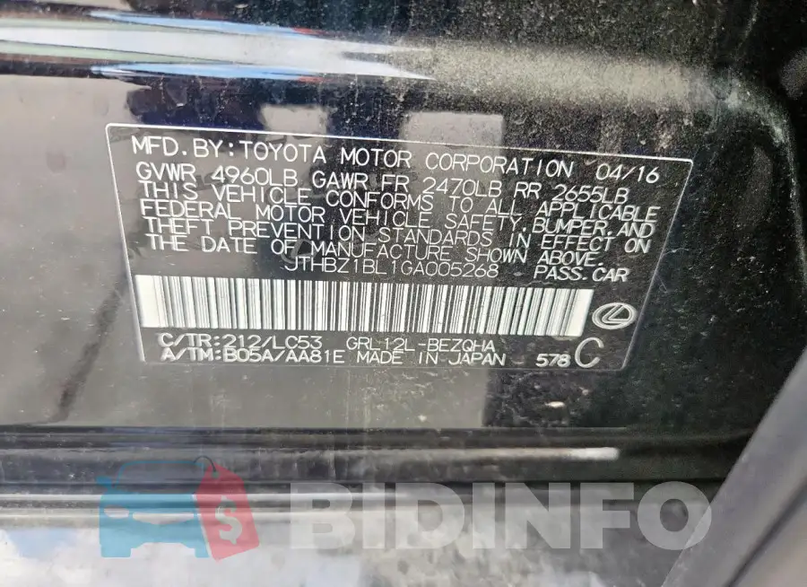 JTHBZ1BL1GA005268 Photo# 13