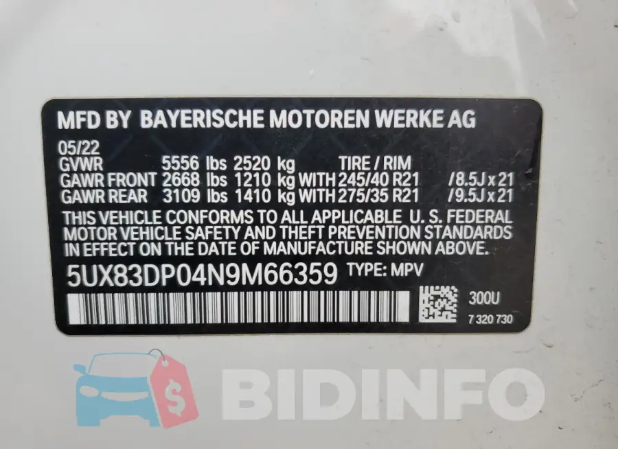 5UX83DP04N9M66359 Photo# 13