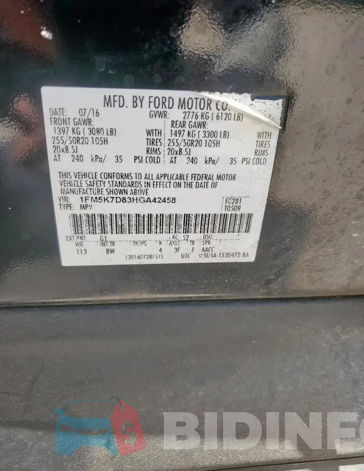1FM5K7D83HGA42458 Photo# 12