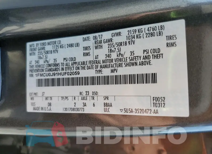 1FMCU0J91HUF02059 Photo# 13