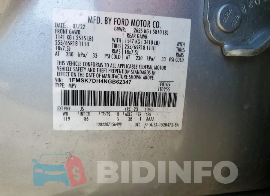 1FMSK7DH4NGB62347 Photo# 14