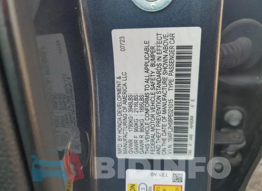 19XFL2H58PE021015 Photo# 12