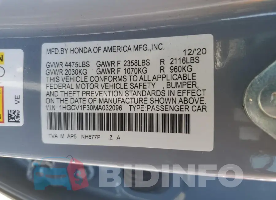 1HGCV1F30MA032096 Photo# 12