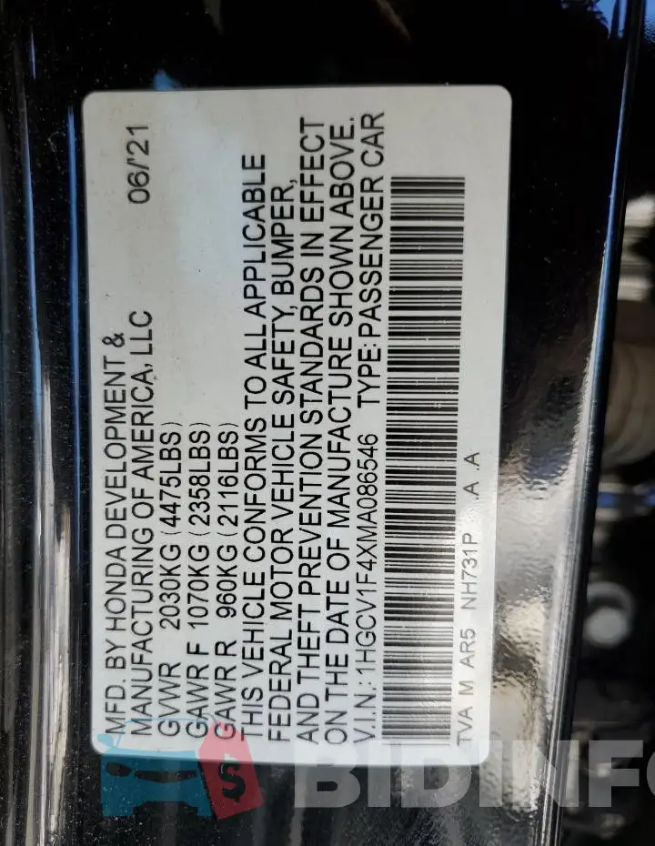 1HGCV1F4XMA086546 Photo# 13