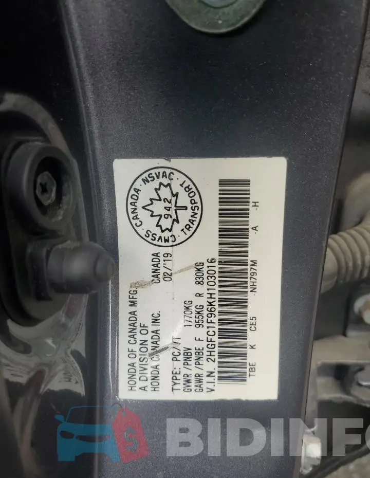 2HGFC1F96KH103016 Photo# 13