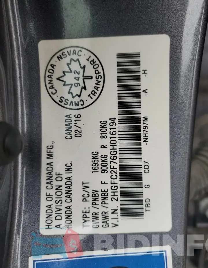 2HGFC2F76GH016194 Photo# 12