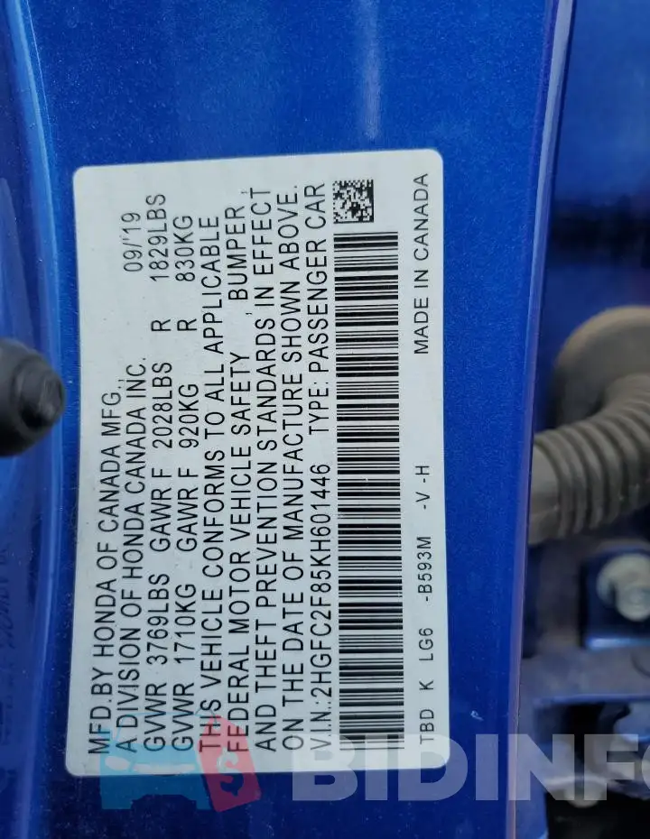 2HGFC2F85KH601446 Photo# 12