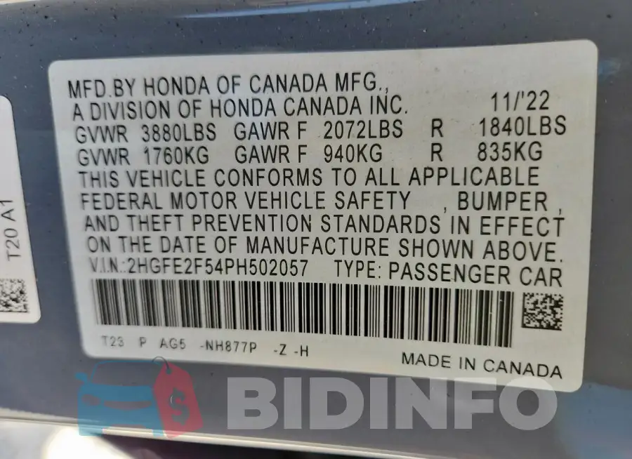 2HGFE2F54PH502057 Photo# 12