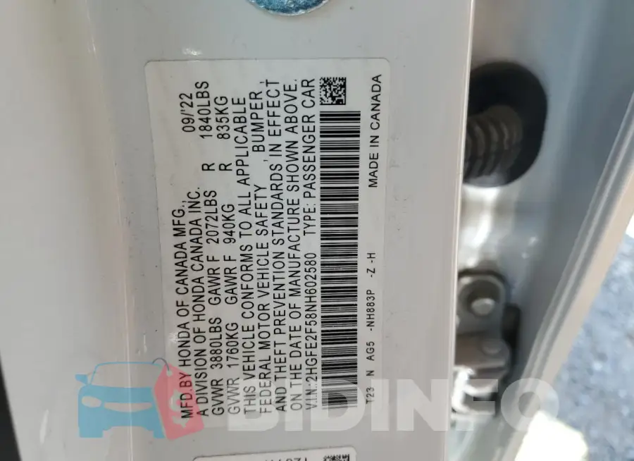 2HGFE2F58NH602580 Photo# 13
