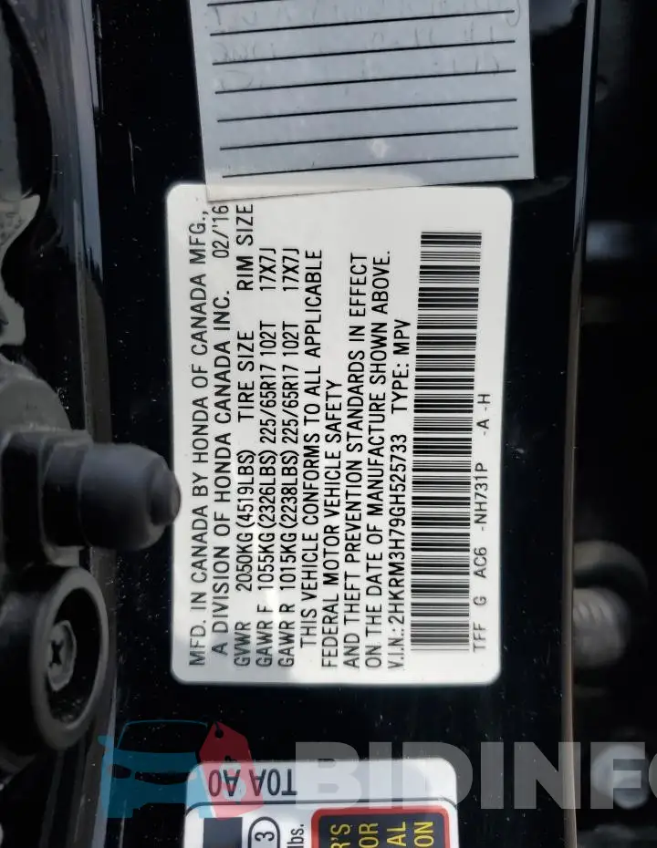 2HKRM3H79GH525733 Photo# 13